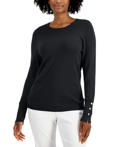 Jm Collection Women's Button-sleeve Crewneck Sweater, Created For Macy's In Deep Black