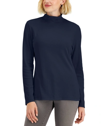 Karen Scott Petite Solid Mock-neck Top, Created For Macy's In Intrepid Blue