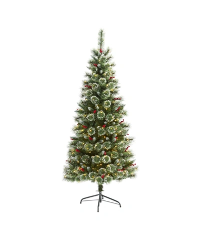 Nearly Natural Frosted Swiss Pine Artificial Christmas Tree With 300 Clear Led Lights And Berries In Green