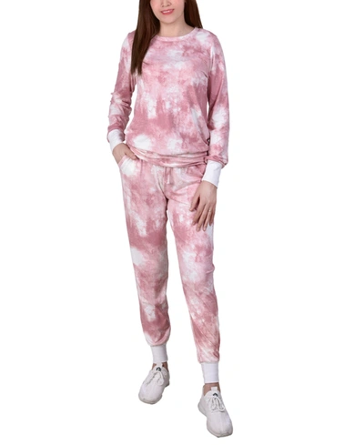 Ny Collection Petite Tie Dyed Joggers Set In Coral Tiedye