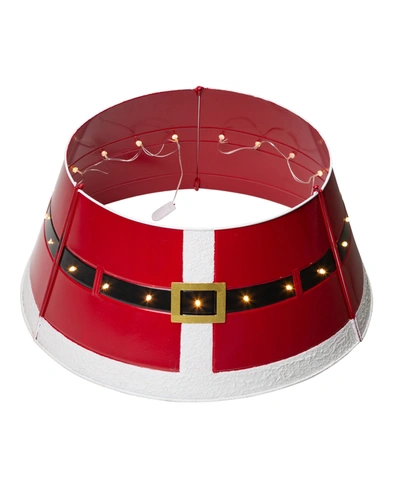 Glitzhome Red Metal Santa Belt Tree Collar With Light String Kd, 26"