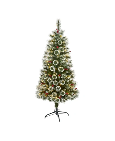Nearly Natural Frosted Swiss Pine Artificial Christmas Tree With 100 Clear Led Lights And Berries In Green
