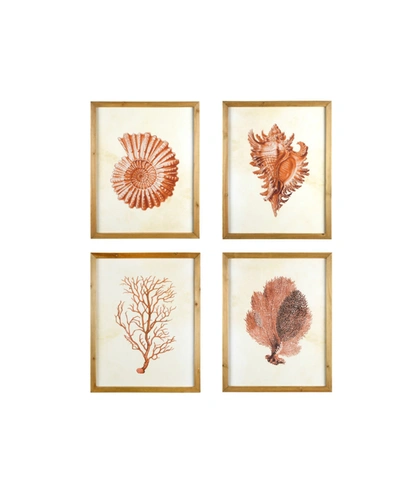 Creative Co-op Inc Wood Framed Wall Art With Red Shells And Coral, Set Of 4