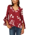 Vince Camuto Petite Flutter Sleeve Floral Whisps V- Neck Tunic In Earth Red