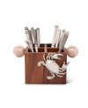 VAGABOND HOUSE CADDY SQUARE ACACIA WOOD FLATWARE, SERVE WARE, UTENSIL, CARRY-ALL HOLDER WITH SOLID PEWTER CRAB ACCE