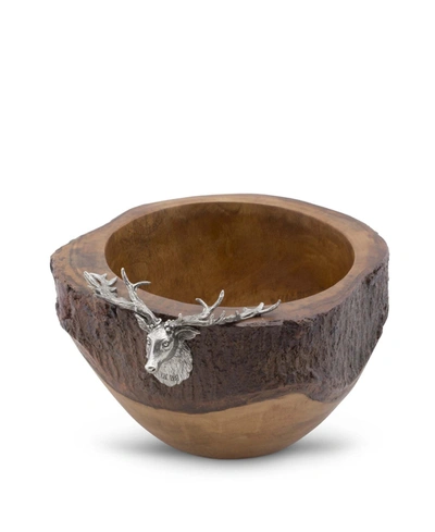 Vagabond House Elk, Deer Head Rustic Wood Salad Bowl With Natural Bark Edge In Pewter