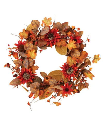 Gerson International 22in Fall Harvest Autumn Wreath With Berries And Sunflowers In Orange
