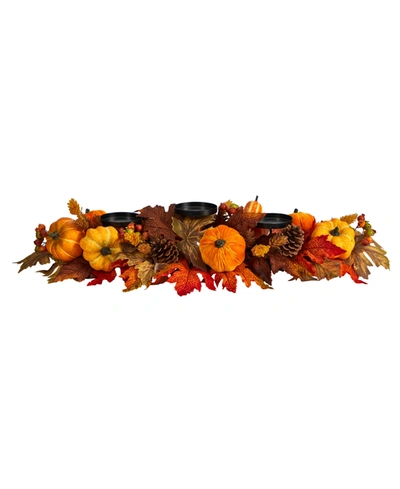 Nearly Natural 36" Autumn Maple Leaves, Pumpkin And Berries Fall Harvest Candelabrum Arrangement In Orange
