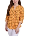 Ny Collection Plus Size 3/4 Sleeve Roll Tab Y Neck Blouse In Golden Glow And Black Roomtile