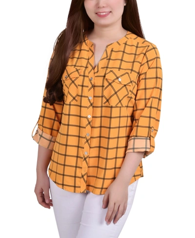 Ny Collection Plus Size 3/4 Sleeve Roll Tab Y Neck Blouse In Golden-tone Glow And Black Roomtile