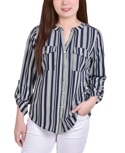 Ny Collection Petite 3/4 Sleeve Roll Tab Y Neck Blouse In Navy,white Stripe