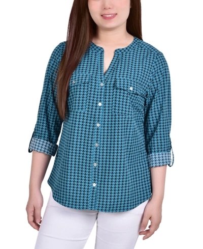 Ny Collection Women's 3/4 Roll Tab Sleeve Mandarin Collar Blouse In Fanfare W,black Herringbone