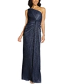 Adrianna Papell Petite One Shoulder Metallic Pleated Knit Gown In Midnight
