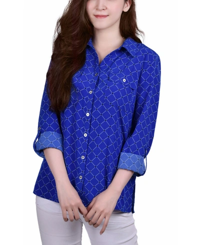Ny Collection Petite 3/4 Sleeve Roll Tab Notch Collar Blouse In Festive Fuschia/black Iconic