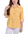 Ny Collection Plus Size 3/4 Sleeve Roll Tab Notch Collar Blouse Top In Golden Glow/wht Diamoind Plaid