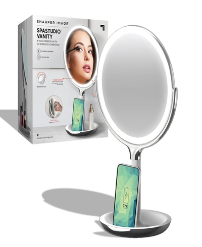 Sharper Image Spastudio Vanity 8-inch Mirror With Built-in Qi Wireless Phone Charger, 5x And 10x Magnification In Silver-tone