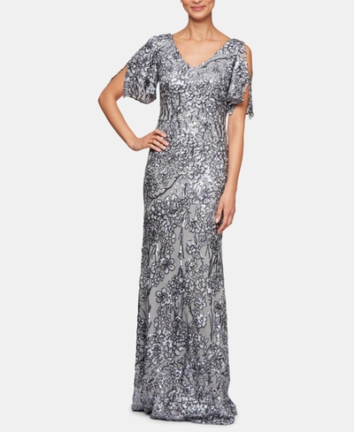 Alex Evenings Sequin Lace Cold Shoulder Trumpet Evening Gown In Silver