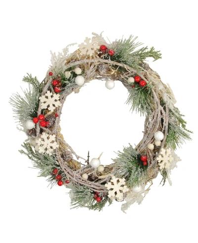 Northlight 13" Snowflakes And Berries Winter Foliage Christmas Wreath In White