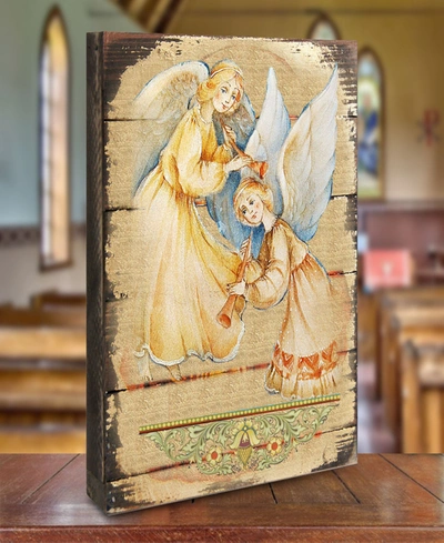 Designocracy Angels Watching Over You Gold-tone Plated Wooden Block, 8" X 6" In Multi Color