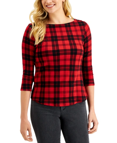 Charter Club Petite Cotton Plaid Boat-neck Top, Created For Macy's In Ravishing Red Combo