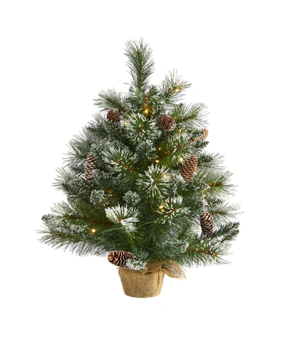 Nearly Natural Frosted Pine Artificial Christmas Tree With 35 Clear Led Lights, Pinecones And Burlap Base In Green