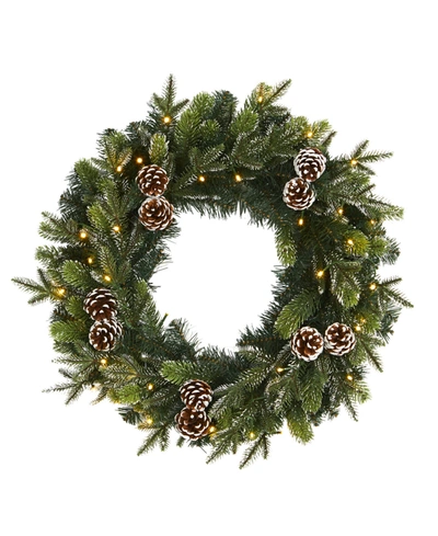 Nearly Natural Snowed Pinecone Artificial Christmas Wreath With 35 Clear Led Lights In Green