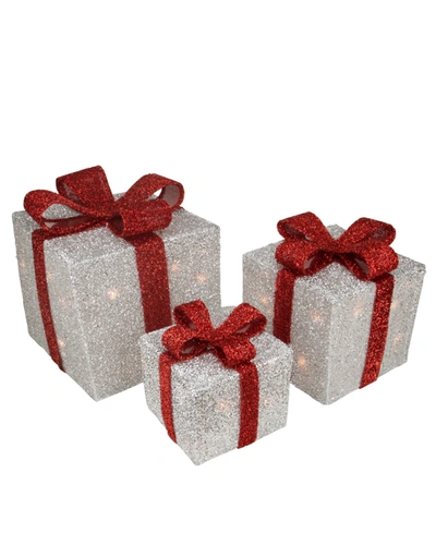 Northlight Tinsel Lighted Gi Boxes With Red Bows Outdoor Christmas Decorations In Silver