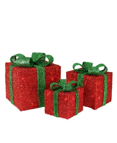 Northlight Tinsel Gi Boxes With Bows Lighted Christmas Outdoor Decorations In Red