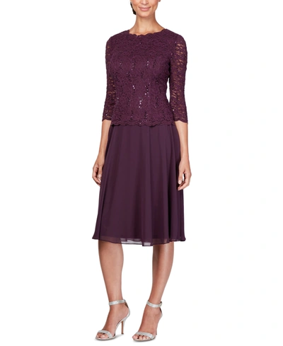 Alex Evenings Petite Cowl-back Tea-length Dress In Deep Plum