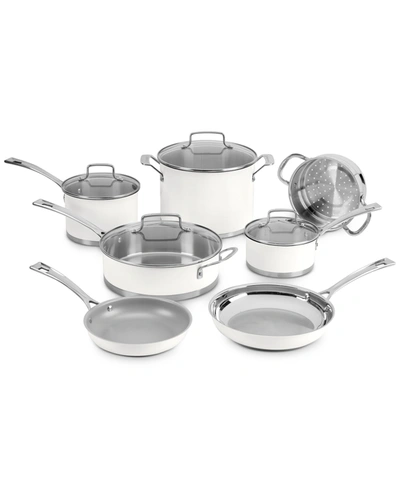 Cuisinart 11-pc. Stainless Steel Matte White Cookware Set In White Matte Exterior