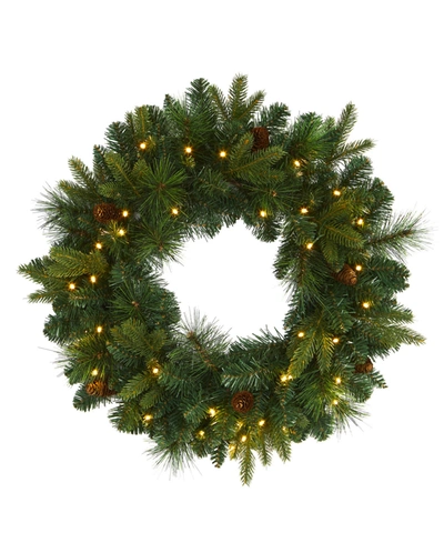 Nearly Natural Mixed Pine Artificial Christmas Wreath With 35 Clear Led Lights And Pinecones In Green