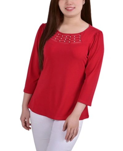 Ny Collection Petite 3/4 Sleeve Crepe Knit Top In Jalapeno Red