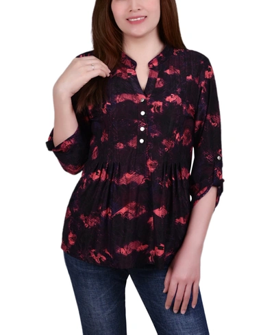 Ny Collection Petite 3/4 Roll Tab Sleeve Printed Pintuck Top In Red Milaflor