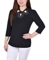 NY COLLECTION PETITE 3/4 SLEEVE KNIT CREPE STUDDED KEYHOLE TOP