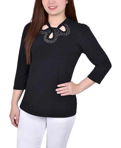 Ny Collection Plus Size 3/4 Sleeve Knit Crepe Studded Keyhole Top In Black