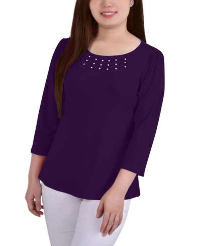 Ny Collection Women's Crepe Knit Top With Strip Details In Purple