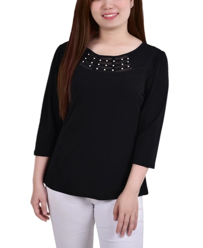 Ny Collection Petite 3/4 Sleeve Crepe Knit Top In Black