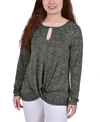 NY COLLECTION PETITE LONG SLEEVE KNIT KEYHOLE TOP