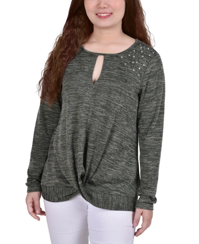 Ny Collection Petites Womens Knit Space Dyed Pullover Sweater In Green