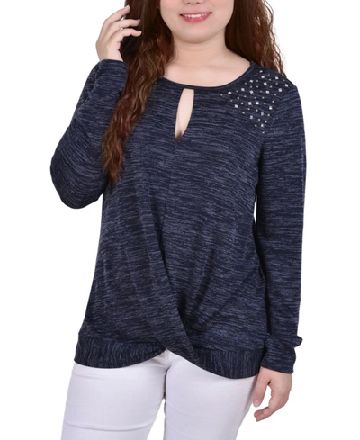 Ny Collection Petite Long Sleeve Knit Keyhole Top In Blue