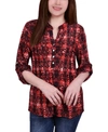 Ny Collection Plus Size 3/4 Roll Tab Sleeve Y-neck Top In Berry Plaid