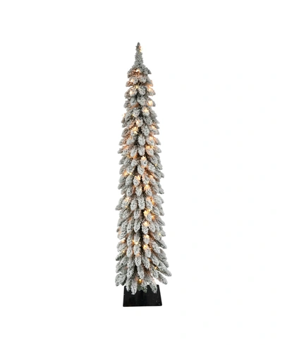 Puleo 6" Pre-lit Flocked Alpine Pencil Artificial Christmas Tree In Green