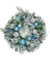 Northlight 24" Blue And Silver Sequin Ornaments Artificial Flocked Pine Christmas Wreath In Blue