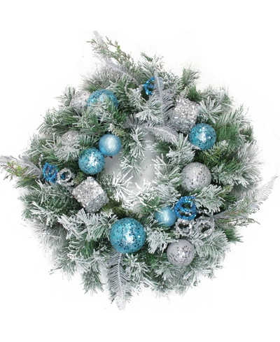 Northlight 24" Blue And Silver Sequin Ornaments Artificial Flocked Pine Christmas Wreath