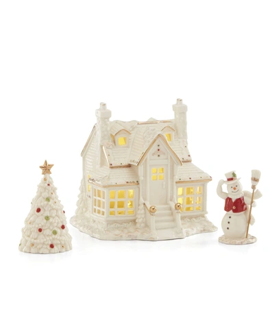 Lenox Mistletoe Park 3pc Starter Set (inn, Tree, Snowman) In Ivory With Color Jewel Tone And Gold Acc