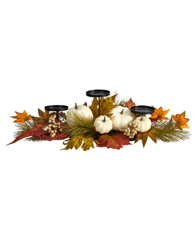 Nearly Natural 22" Fall Pumpkin And Maple Leaf Autumn Candelabrum In Multicolor