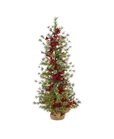 Nearly Natural Berry And Pine Artificial Christmas Tree With 100 Warm Lights And Burlap Wrapped Base In Green