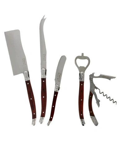 French Home Laguiole 5 Piece Cheese Knife And Wine Opener Set With Pakkawood Handles. In Open Brown