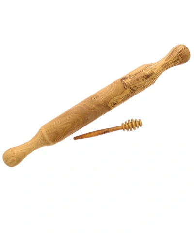 French Home Olive Wood Rolling Pin And Honey Dripper In Open Brown
