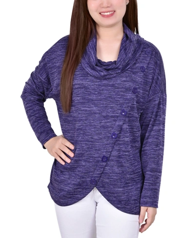 Ny Collection Women's Long Sleeve Cowl Neck Pullover With Buttons Top In Eggplant